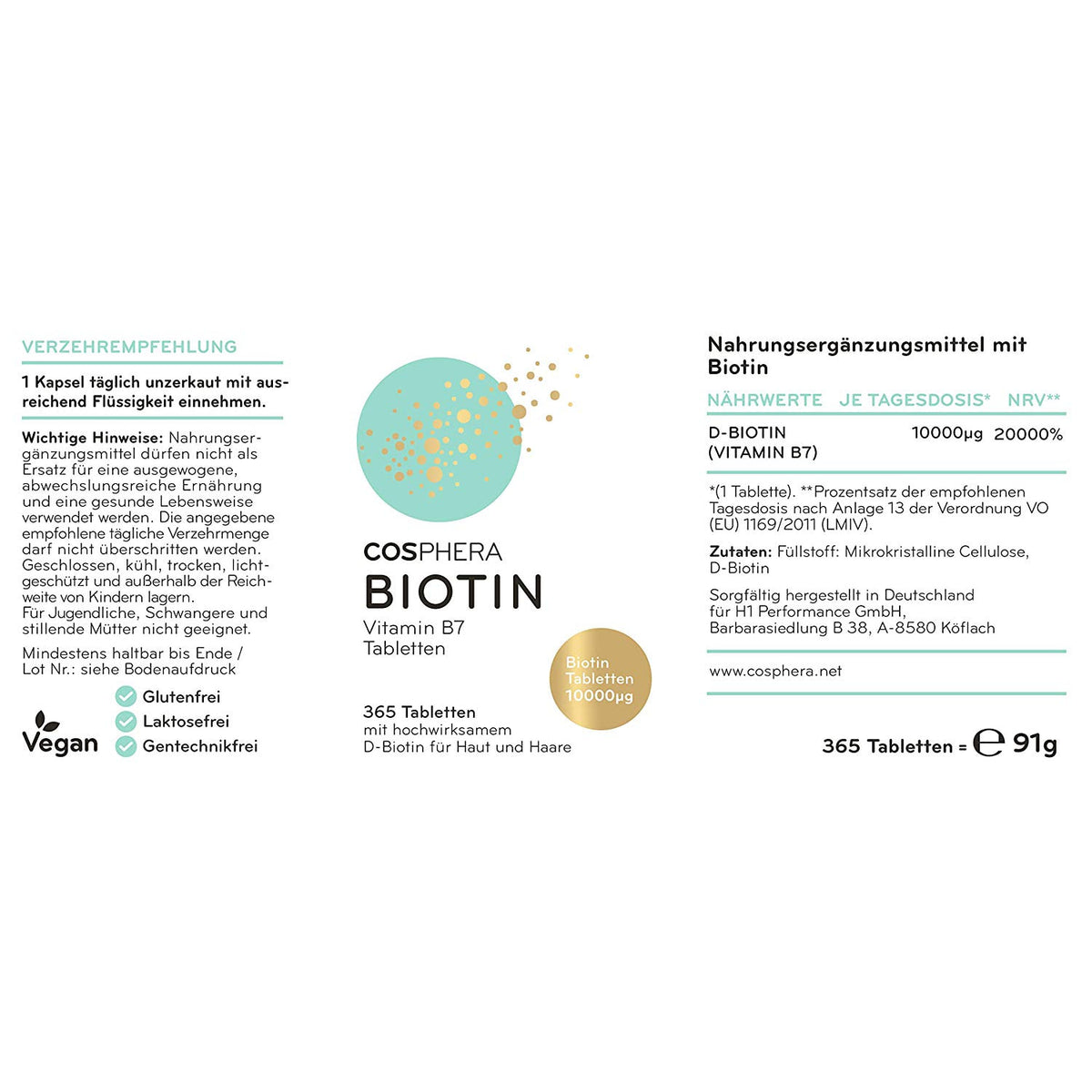 etikett der cosphera biotin hochdosiert tabletten mit verzehrempfehlung, zutaten und nährwertangaben