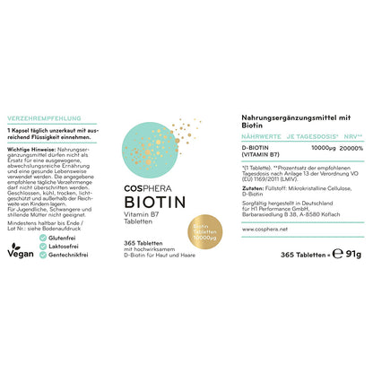 etikett der cosphera biotin hochdosiert tabletten mit verzehrempfehlung, zutaten und nährwertangaben