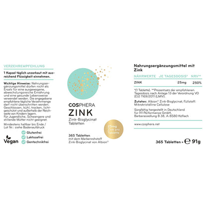 Cosphera - Zink Hochdosiert 25mg Zink-Bisglycinat - 365 vegane Tabletten — Abbildung 6