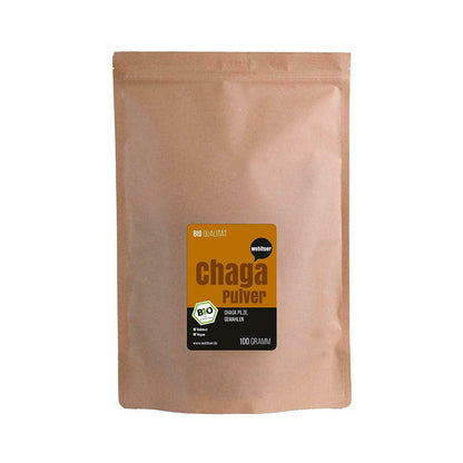 Brauner Standbeutel wohltuer Chaga Pulver 100g mit Produktetikett auf weißem Hintergrund, Vorderseite frontal sichtbar.