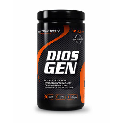 SRS Muscle DIOS GEN Dose frontal vor weißem Hintergrund, Produkt für Arginin Kapseln und Aminosäuren Komplex ohne sichtbare Kapseln.