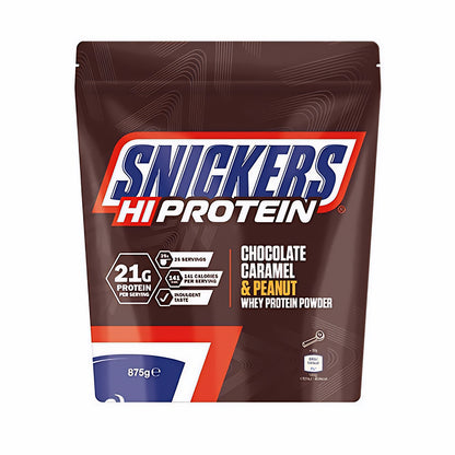 Snickers proteinpulver 875g Beutel freigestellt vor weißem Hintergrund, Vorderseite mit Produktinformationen sichtbar.