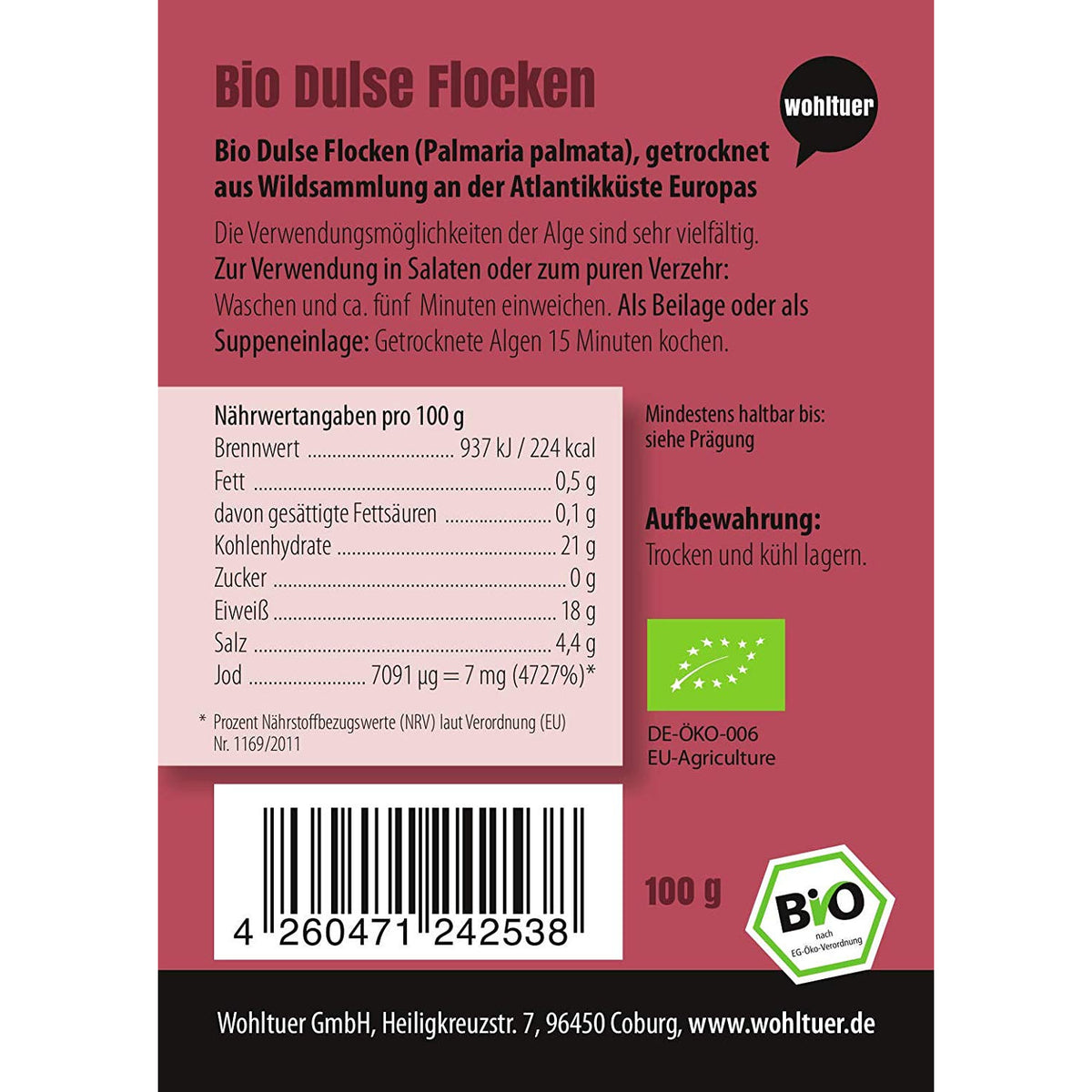 Nährwerttabelle und Produktinformationen der Wohltuer Bio Dulseflocken 100g auf der Rückseite der Verpackung.