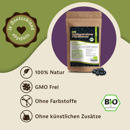 Gefriergetrocknete Wildheidelbeeren 200g von Mynatura als Produktabbildung auf grünem Hintergrund, daneben Icons zu Naturprodukt, ohne Farbstoffe und ohne künstliche Zusätze.