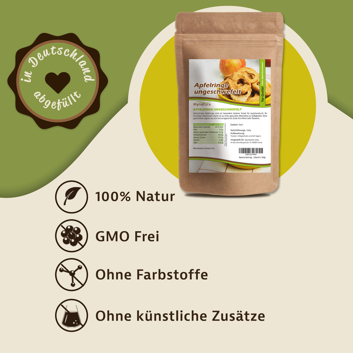 Mynatura getrocknete Apfelringe ungeschwefelt – ab 1000g - fit and life shop