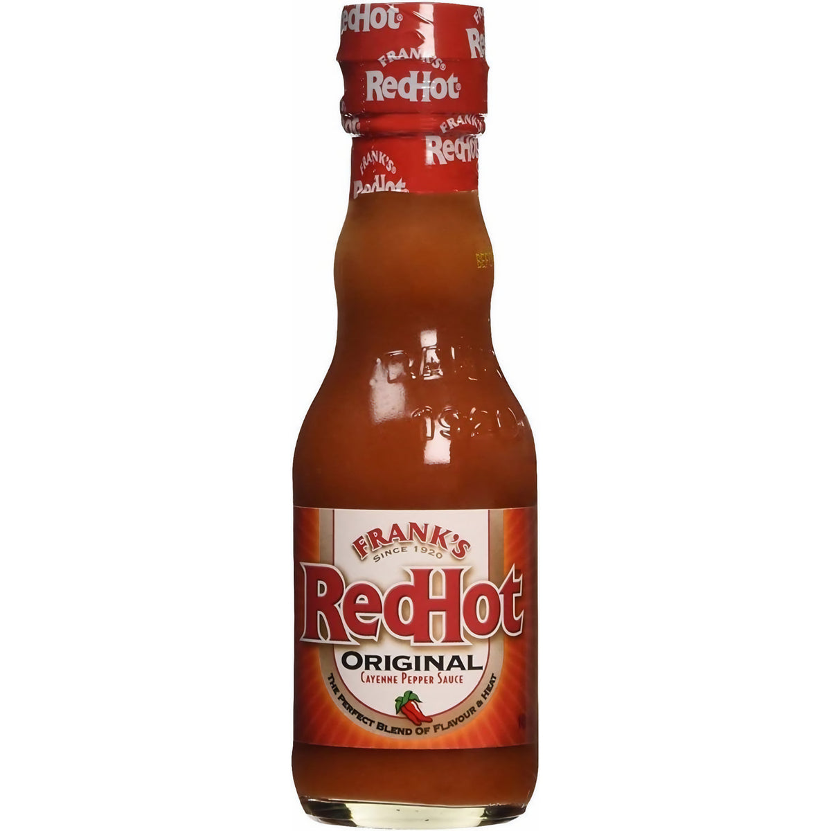 Franks Red Hot Cayennepfeffer Sauce Original als einzelne Flasche vor weißem Hintergrund, das Etikett ist gut lesbar.