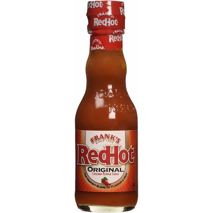 Franks Red Hot Cayennepfeffer Sauce Original als einzelne Flasche vor weißem Hintergrund, das Etikett ist gut lesbar.
