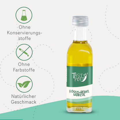 Tasty Pott Röstzwiebel Würzöl 100ml Flasche auf hellem Hintergrund, daneben Symbole für natürlichen Geschmack, ohne Farbstoffe und ohne Konservierungsstoffe.