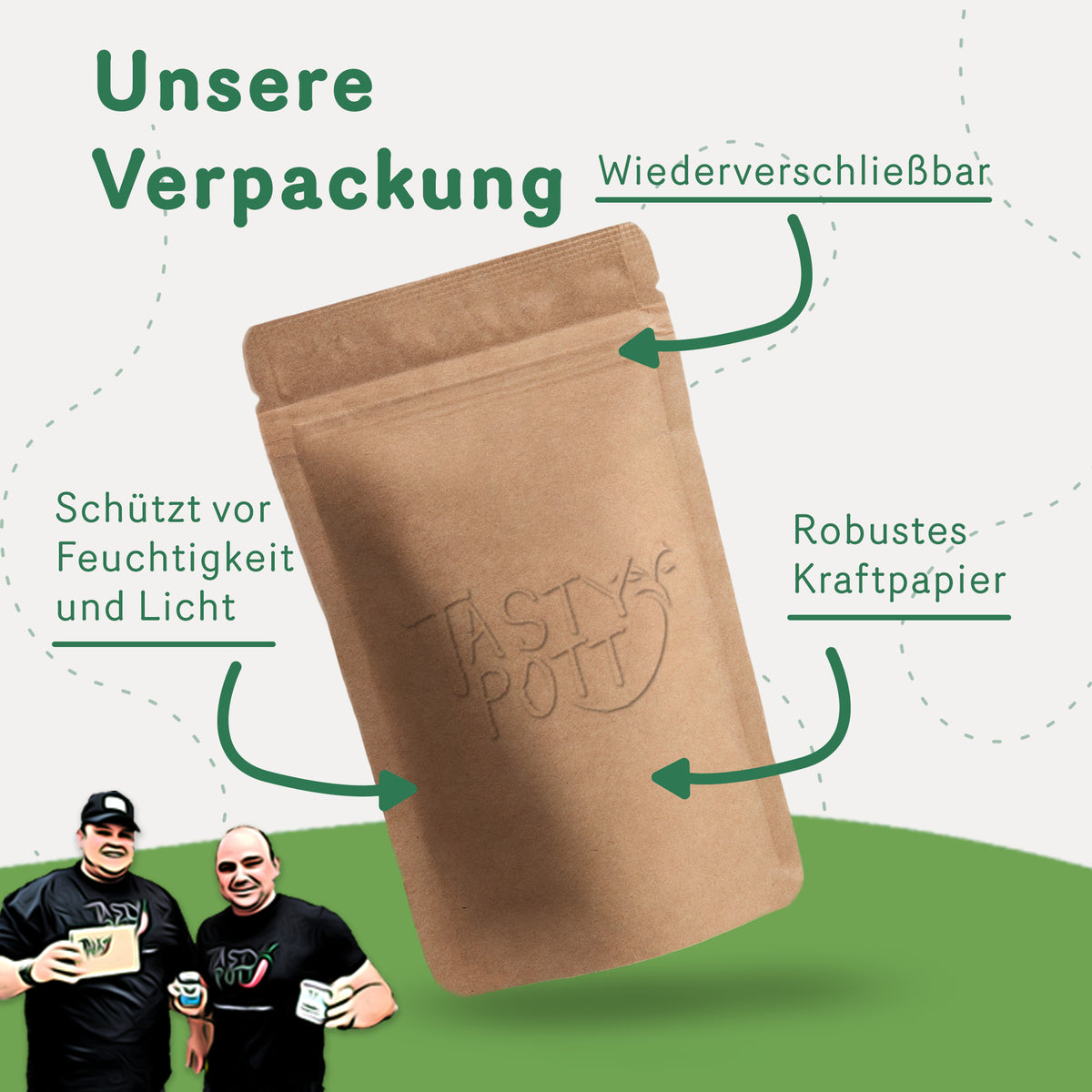 Wiederverschließbare Verpackung aus robustem Kraftpapier mit Tasty-Pott-Logo, schützt das würzöl vor Feuchtigkeit und Licht, geeignet für backen und kochen.