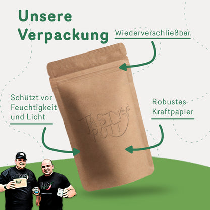 Wiederverschließbare Verpackung aus robustem Kraftpapier mit Tasty-Pott-Logo, schützt das würzöl vor Feuchtigkeit und Licht, geeignet für backen und kochen.