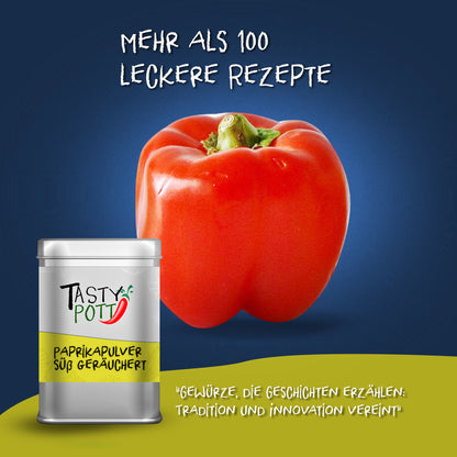 Tasty Pott Paprikapulver geräuchert Dose vor einer roten Paprika und Rezept-Hinweis auf blau-gelbem Hintergrund.