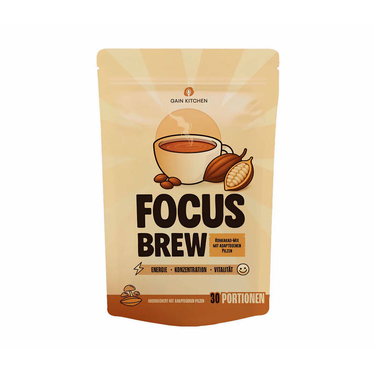 Focus Brew falscher Kaffee von Gain Kitchen, 210g, im Standbeutel, freigestellt auf weißem Hintergrund, ohne weitere Zutaten sichtbar.