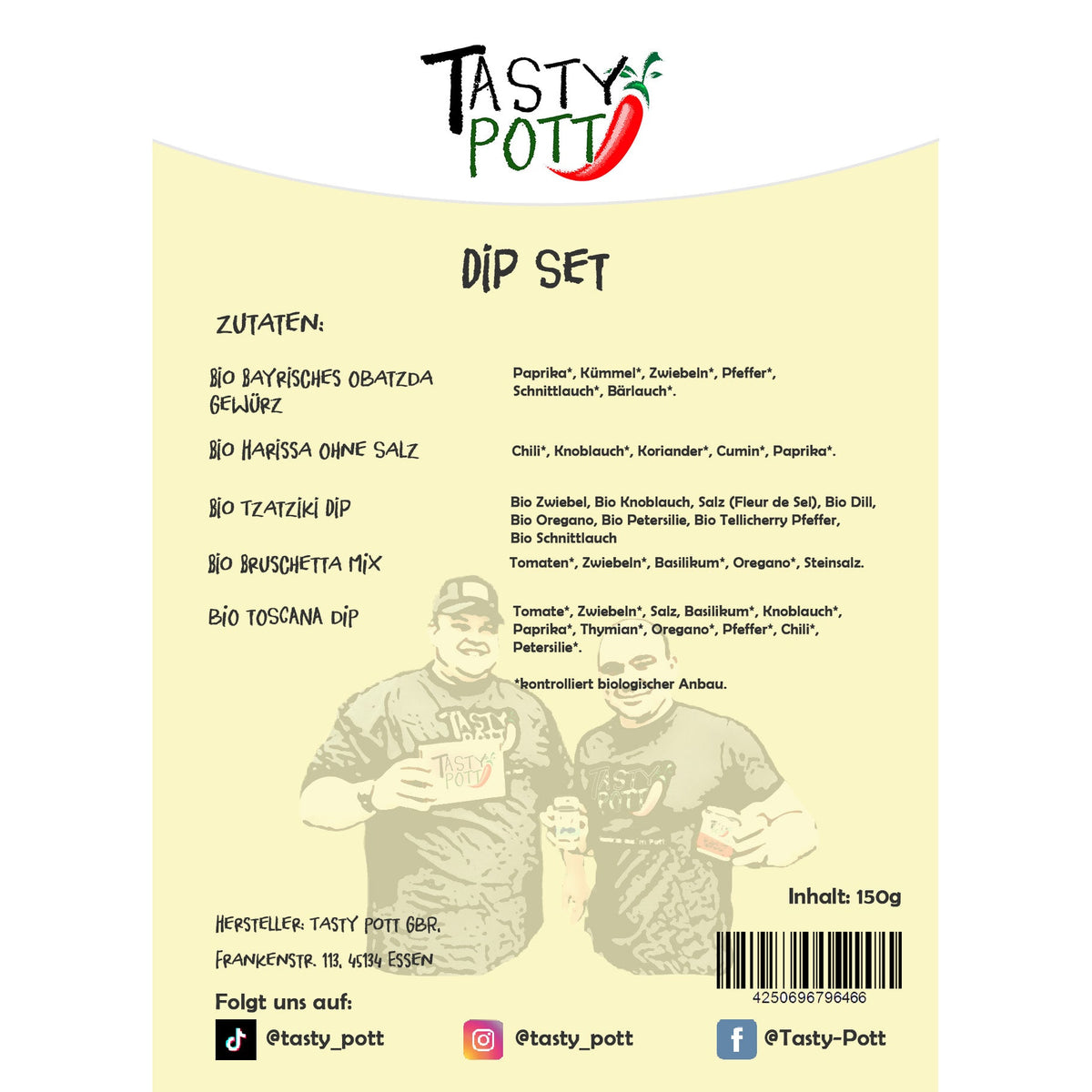 Rückseite der Tasty Pott Gewürz Probiergrößen, gelbes Etikett mit Zutatenliste der fünf enthaltenen Gewürzmischungen und Herstellerangaben.