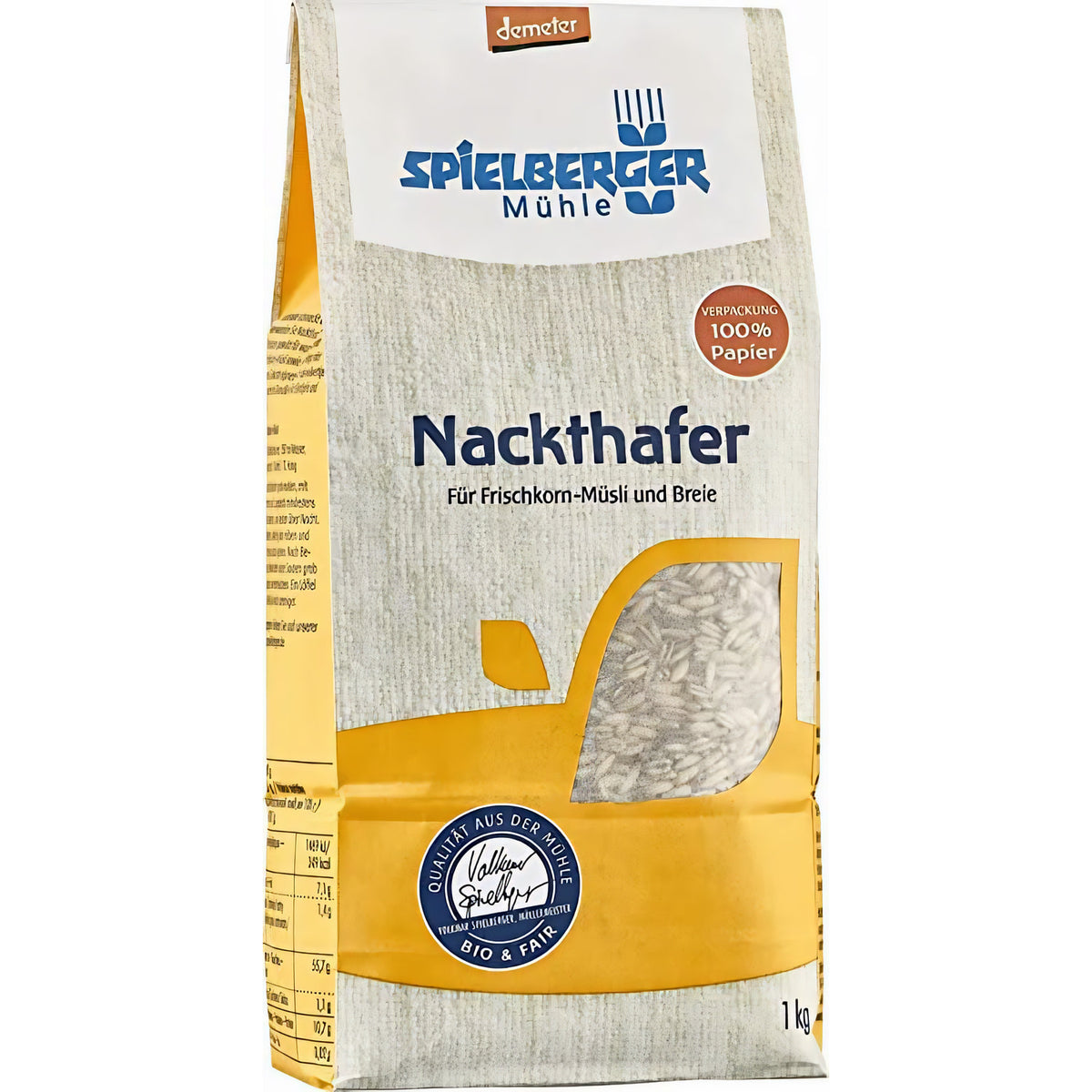 Spielberger Nackthafer demeter, 1-kg-Packung, frontal fotografiert, Sichtfenster mit Haferkörnern, Produktinformationen und Siegel auf der Vorderseite erkennbar.