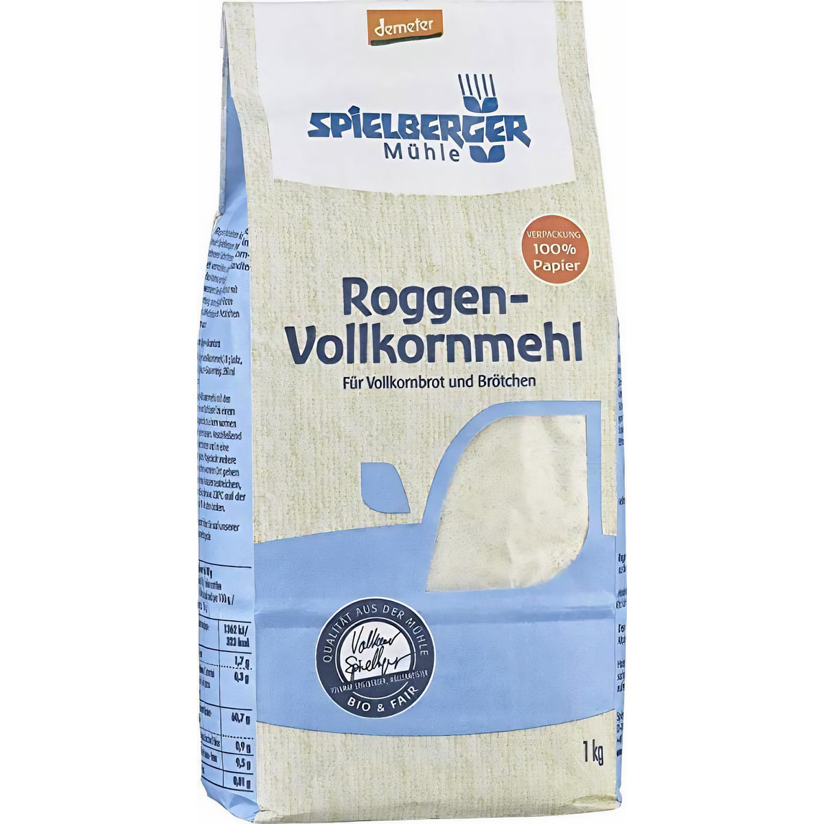 Seitliche Frontalansicht einer ungeöffneten 1-kg-Packung Spielberger Roggen-Vollkornmehl demeter ohne weitere Dekoration.