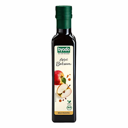Bio Apfel-Balsam von Byodo in Flasche, zum Kochen geeignet, zeigt die Flasche mit Apfel-Balsam-Label.