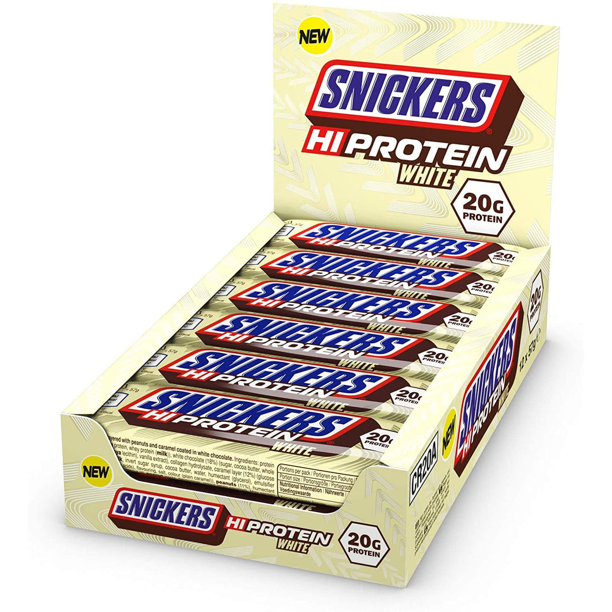 Snickers Hi-Protein White Bar 12x57g in geöffneter Box, mehrere weiße protein riegel nebeneinander, Fokus auf die Verpackung ohne weitere Zutaten.