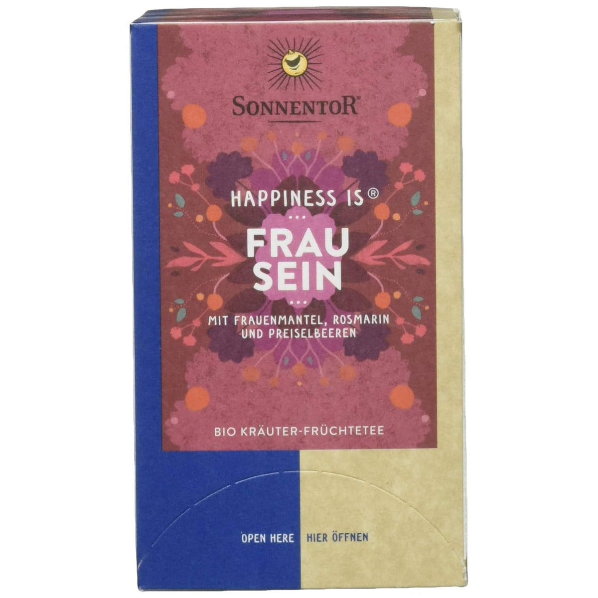 Vorderseite der Sonnentor Happiness is Frau sein Tee Packung, zentriert und freigestellt