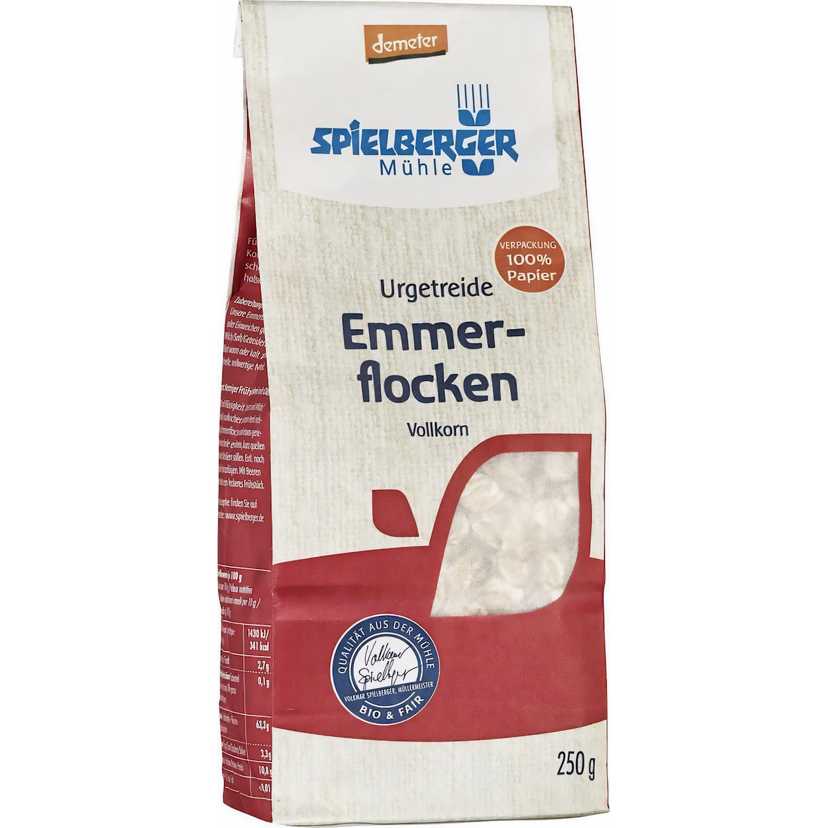 spielberger Emmerflocken demeter 250g Packung aus Papier, leicht seitlich fotografiert, Produktinformationen und Sichtfenster mit Flocken sichtbar