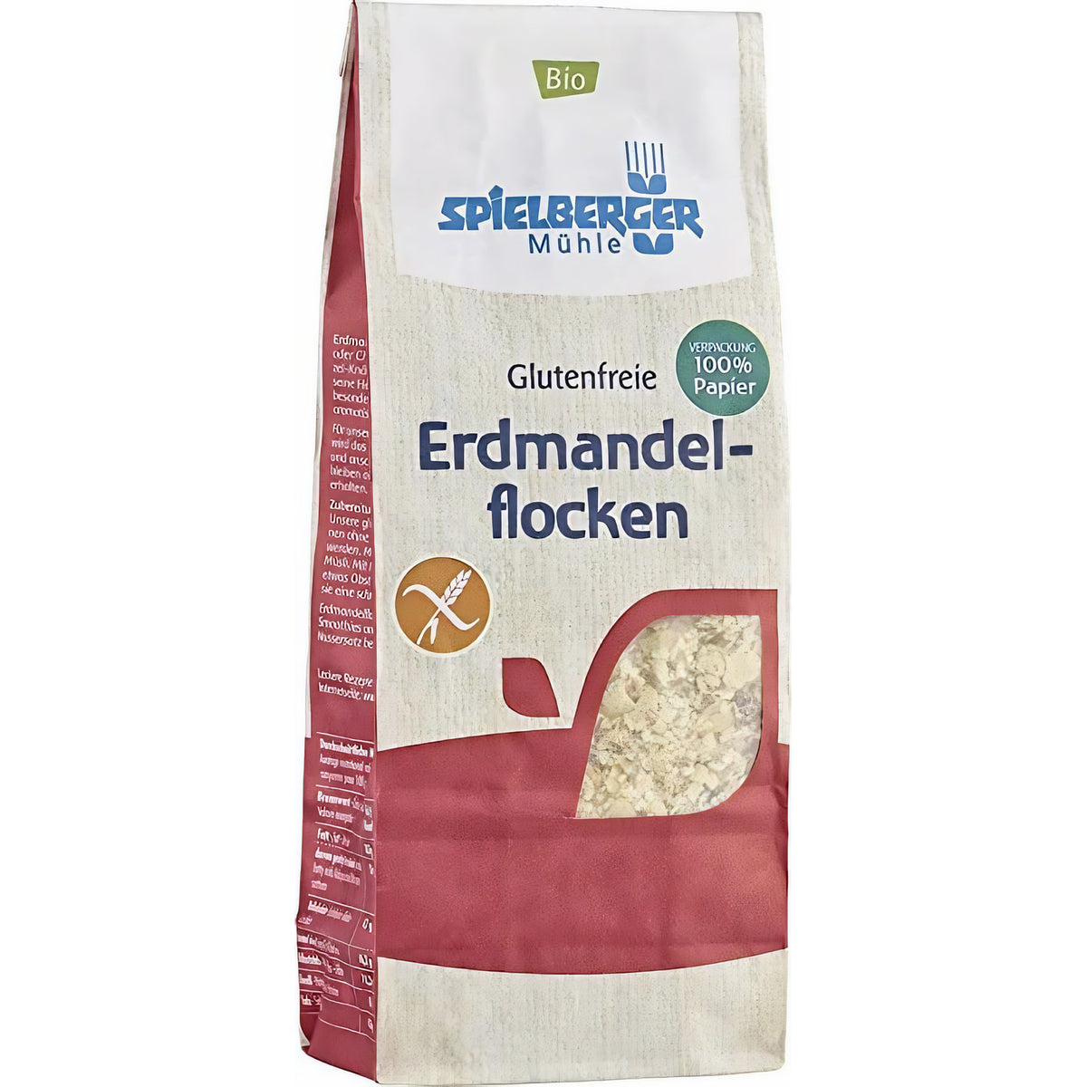 Seitliche Ansicht einer stehenden Packung glutenfreie erdmandelflocken von spielberger, Produktfenster mit Flocken sichtbar.