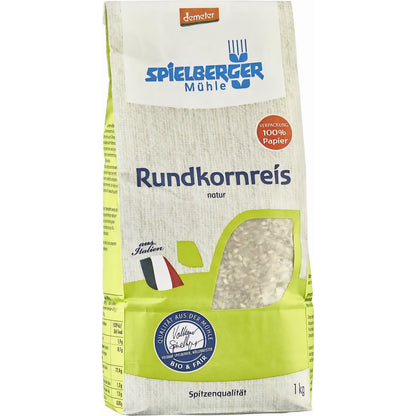 spielberger rundkornreis 1000g Packung stehend, Vorderseite mit Sichtfenster und italienischer Flagge