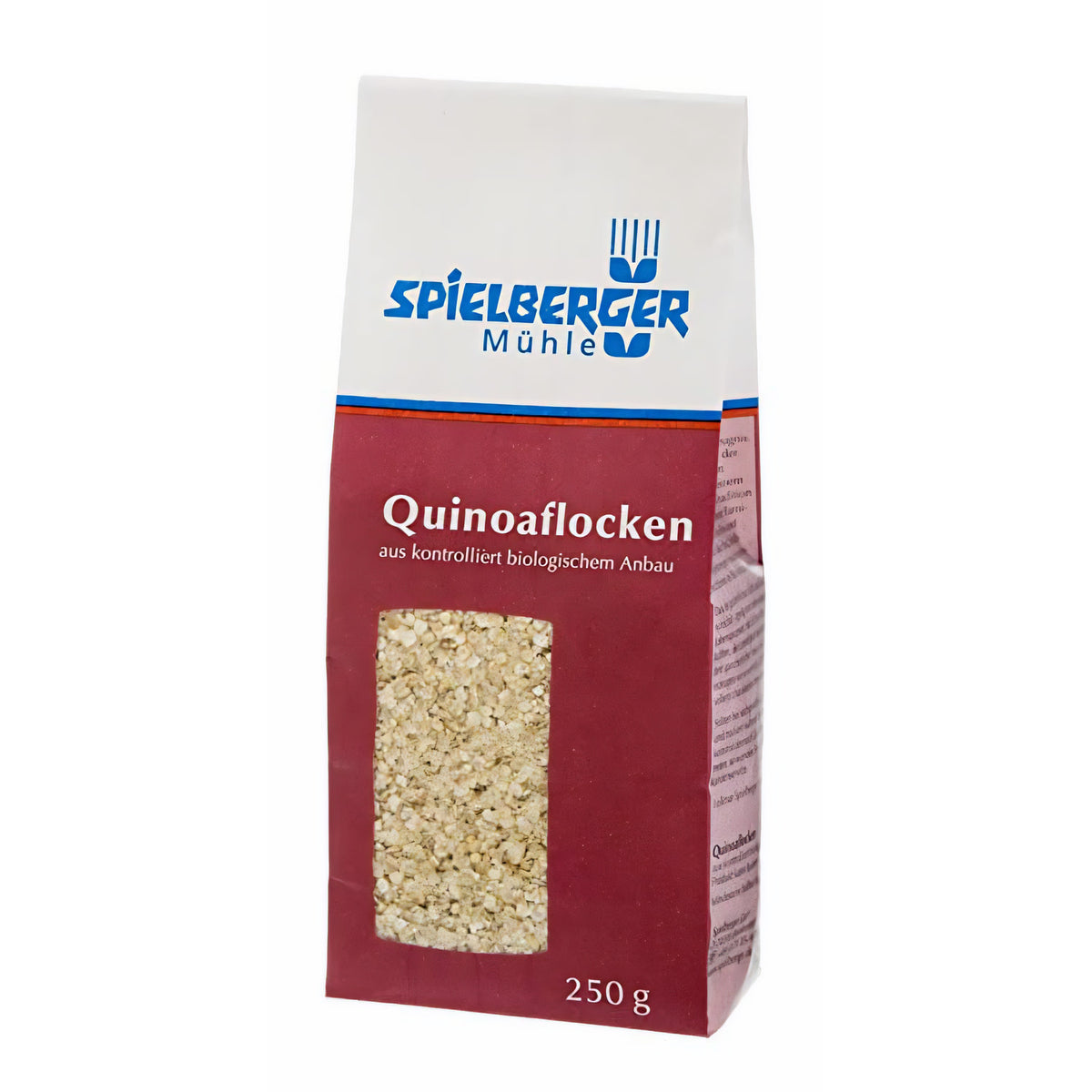 Spielberger Quinoaflocken 250g Packung frontal vor weißem Hintergrund, das Sichtfenster zeigt die Quinoaflocken im Inneren.
