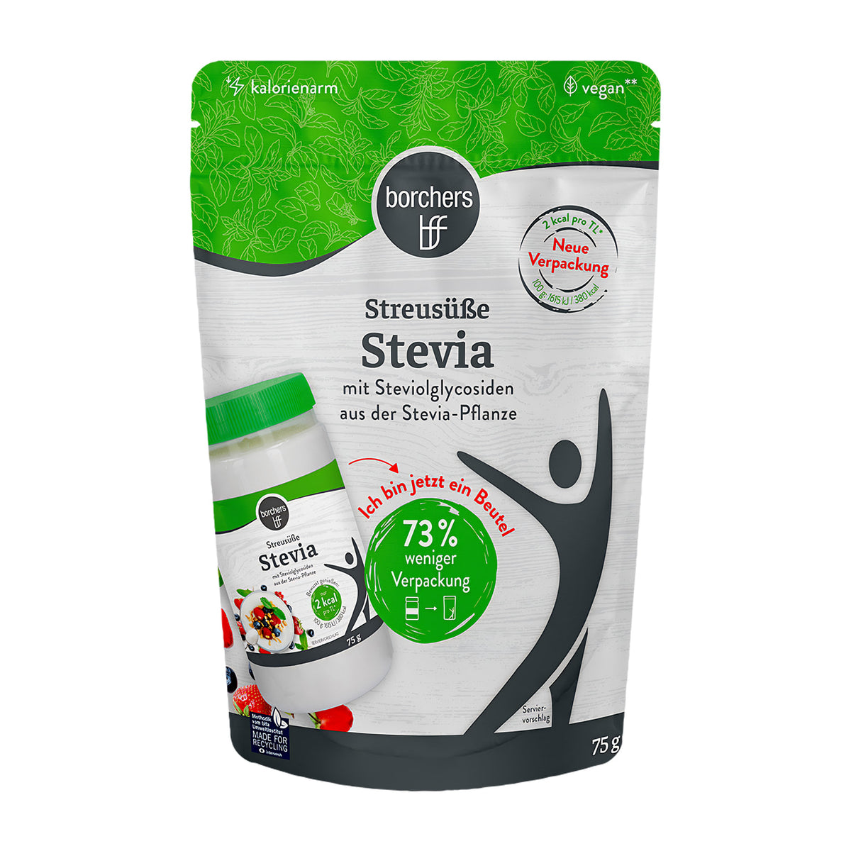 borchers stevia streusüße als alternative zucker im kalorienarmen Beutel, Vorderseite mit grünem Design und Produktabbildung.