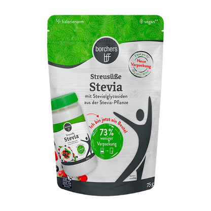 borchers stevia streusüße als alternative zucker im kalorienarmen Beutel, Vorderseite mit grünem Design und Produktabbildung.