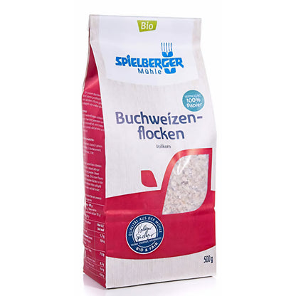 spielberger buchweizenflocken 500g, Packung aus Papier, leicht seitliche Ansicht, Produkt steht auf weißem Hintergrund