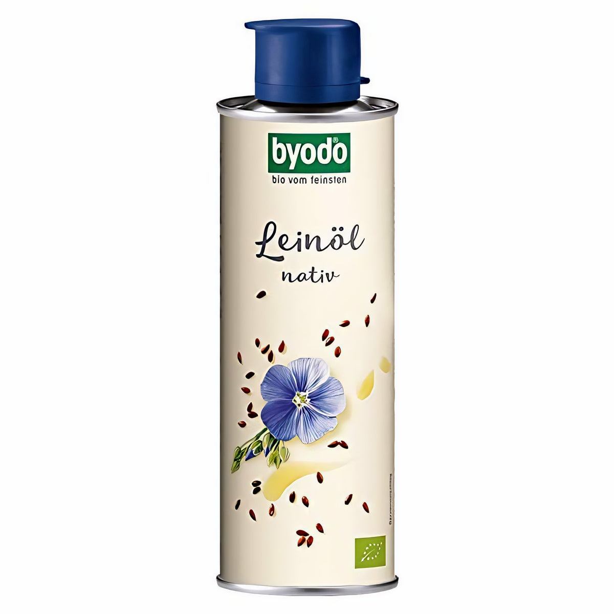 byodo leinöl nativ in der dose mit blauer Blüte und Leinsamen auf dem Etikett vor weißem Hintergrund