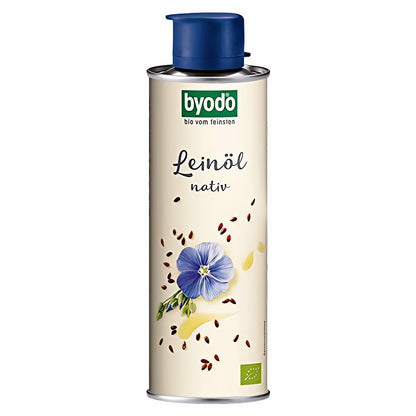 byodo leinöl nativ in der dose mit blauer Blüte und Leinsamen auf dem Etikett vor weißem Hintergrund