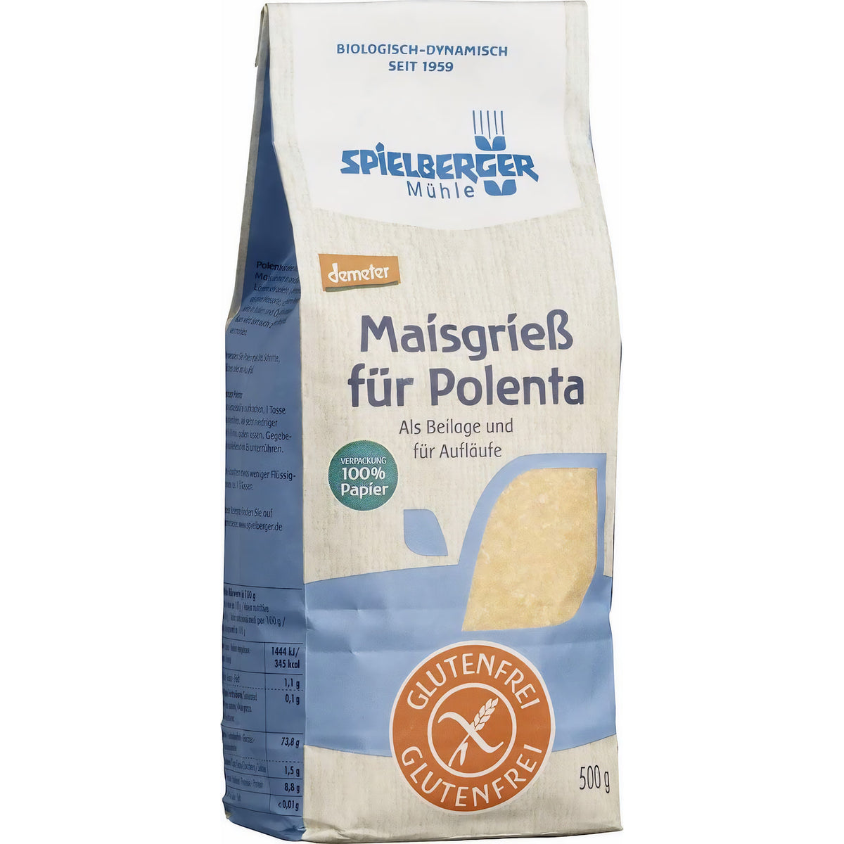 Seitliche Ansicht einer stehenden Packung spielberger Polenta Maisgrieß glutenfrei demeter 500g, das Etikett ist gut lesbar.