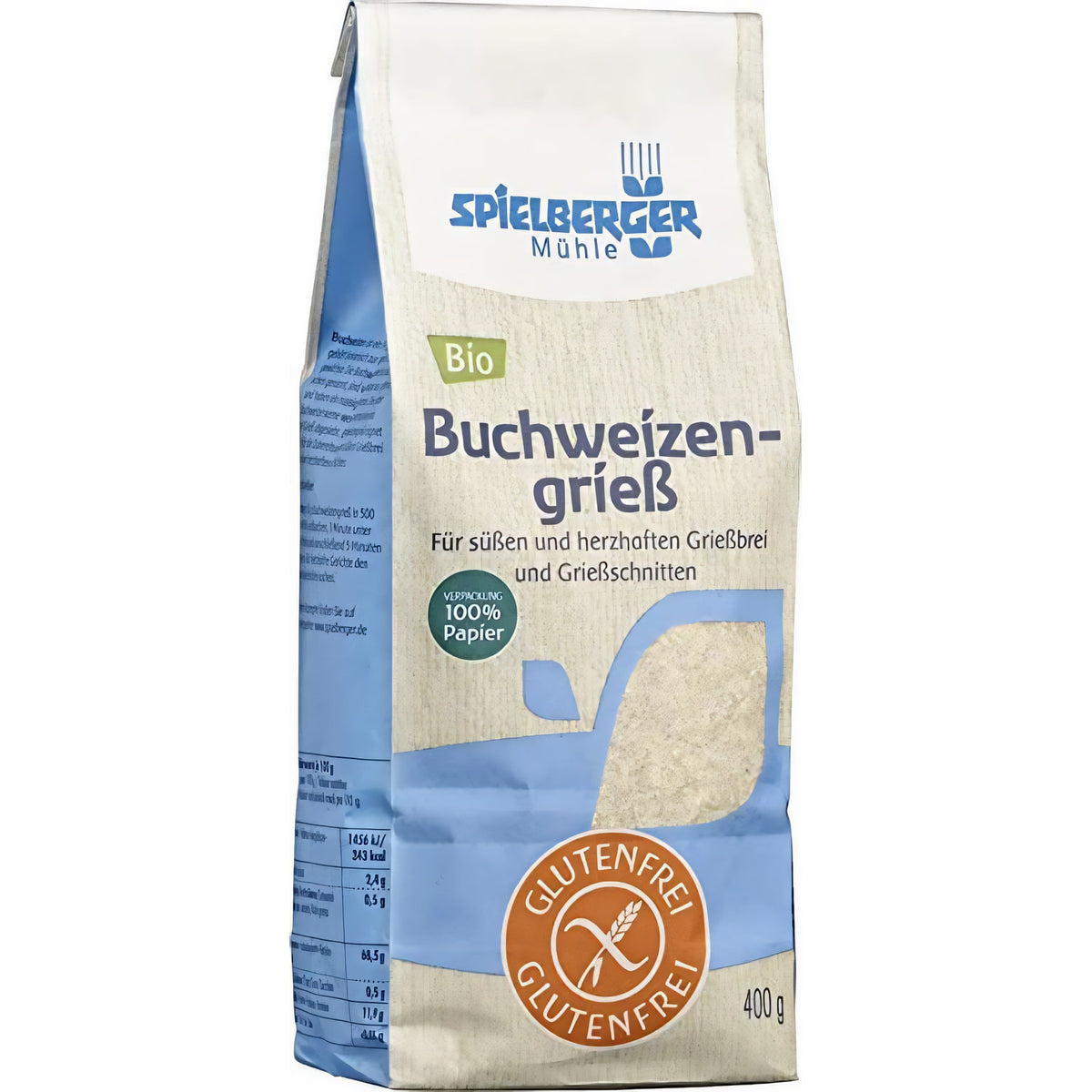 spielberger glutenfreier buchweizengrieß 400g, Papierverpackung leicht seitlich fotografiert, geeignet zum Backen und Kochen.