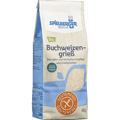 spielberger glutenfreier buchweizengrieß 400g, Papierverpackung leicht seitlich fotografiert, geeignet zum Backen und Kochen.