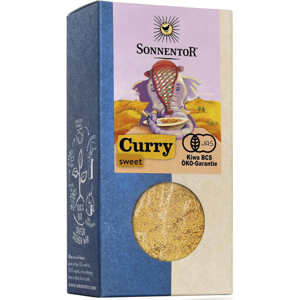 Sonnentor Curry süß 2x50g, Packung mit Sichtfenster, Gewürze und bunte Illustration eines Elefanten auf der Vorderseite.