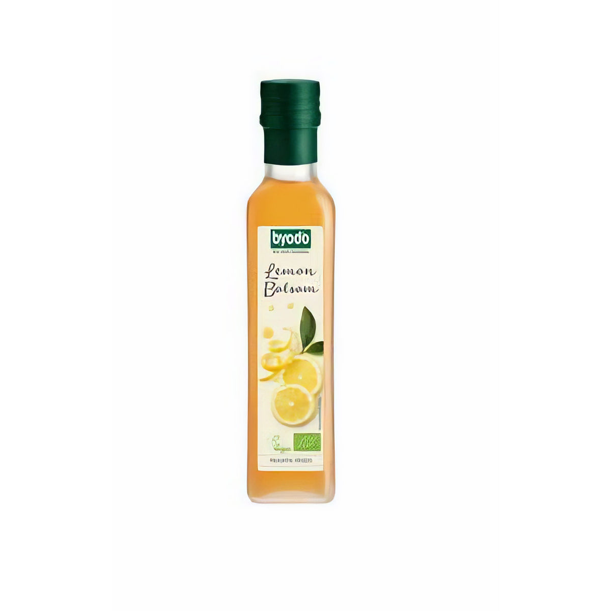 byodo lemon balsam essig freigestellt vor weißem Hintergrund, Flasche mit grünem Deckel und Zitronenmotiv auf dem Etikett.
