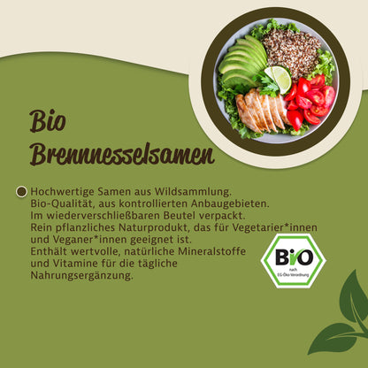 Teller mit Salat, Avocado, Tomaten und Hähnchen, daneben Text zu Bio Brennnesselsamen und Bio-Siegel auf grünem Hintergrund.