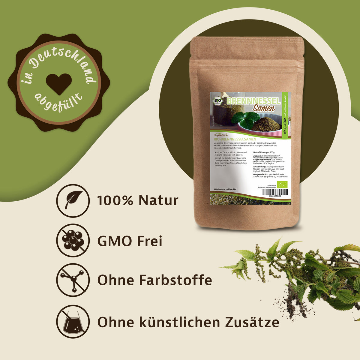 Mynatura Bio Brennnesselsamen ganz 300g im braunen Beutel, daneben frische Brennnesselzweige mit samen, auf grün-beigem Hintergrund mit Icons.