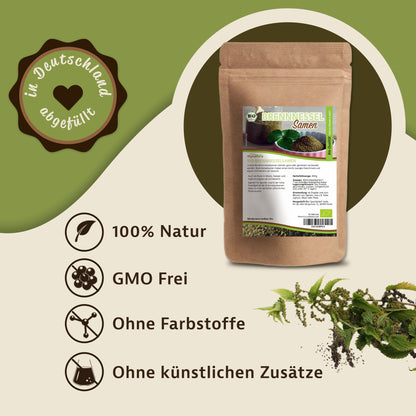 Mynatura Bio Brennnesselsamen ganz 300g im braunen Beutel, daneben frische Brennnesselzweige mit samen, auf grün-beigem Hintergrund mit Icons.