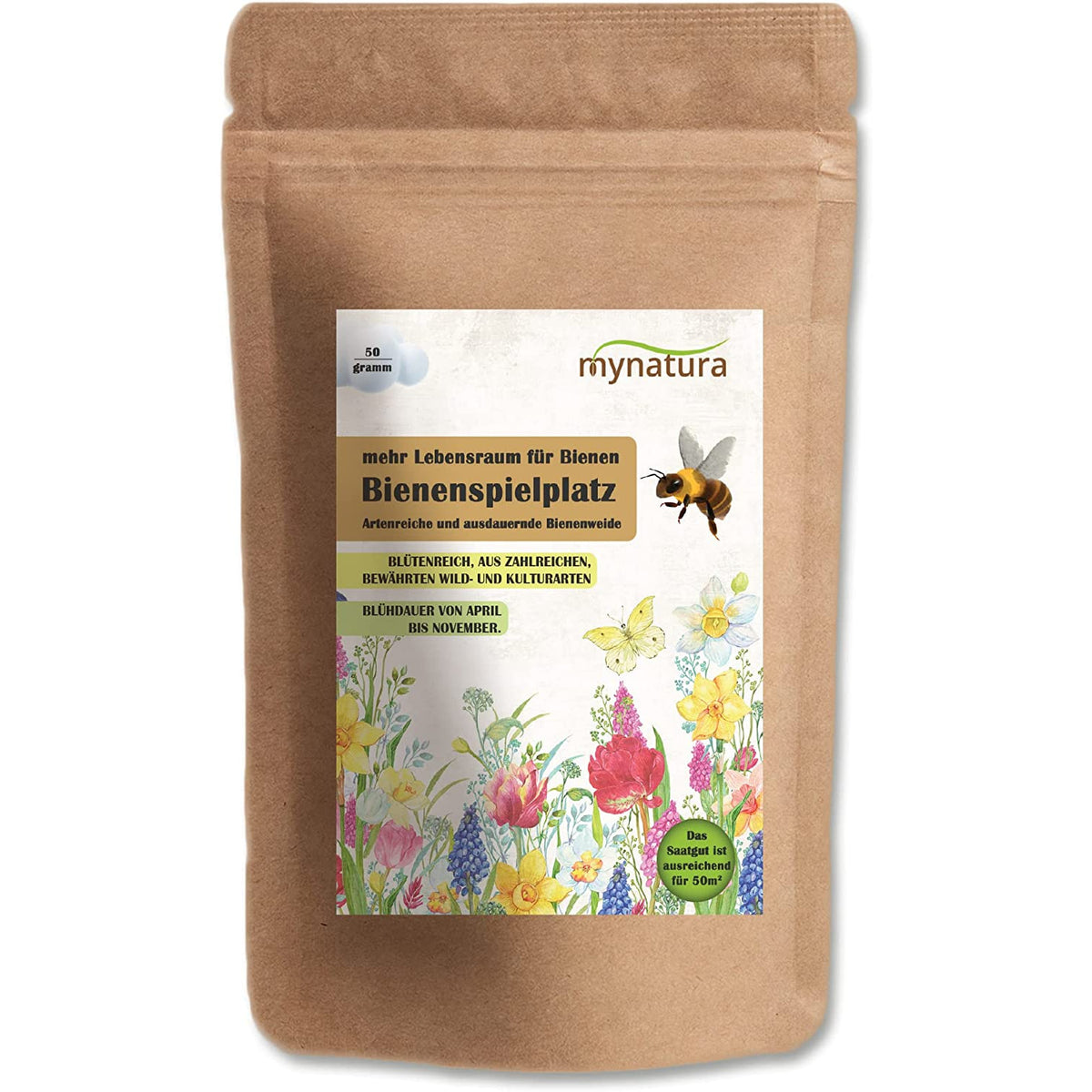 Braune Tüte Mynatura Bienenspielplatz Bienenweide 50g mit bunter Blumenwiese und Biene auf dem Etikett, geeignet für garten oder wiesenfläche.