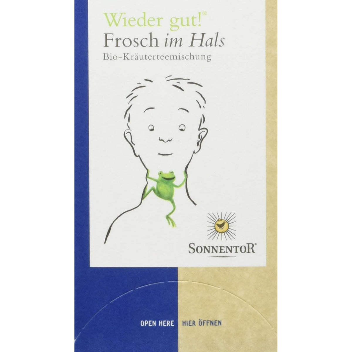Vorderseite der Sonnentor Frosch im Hals Kräutertee-Packung mit gezeichneter Figur und grünem Frosch am Hals auf weißem Hintergrund