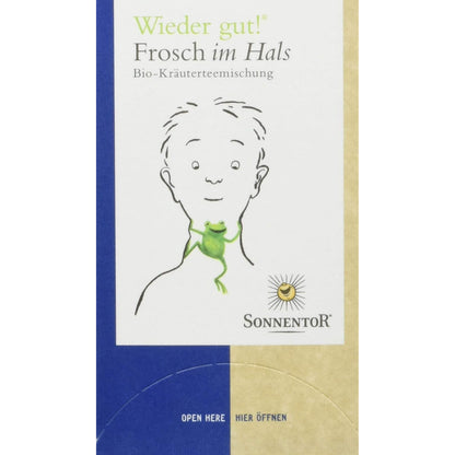 Vorderseite der Sonnentor Frosch im Hals Kräutertee-Packung mit gezeichneter Figur und grünem Frosch am Hals auf weißem Hintergrund