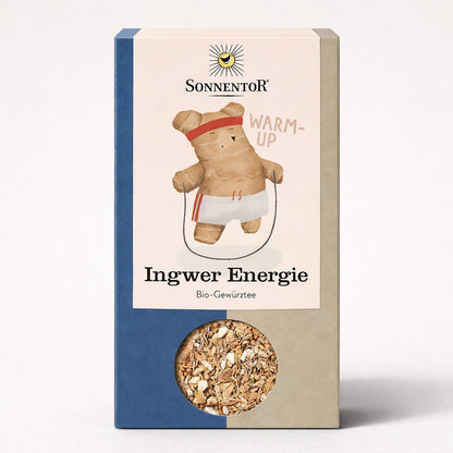 Bio Ingwer Energie Tee von Sonnentor, lose, mit frischem Ingwer und Kräutern, ideal für belebende Teemomente, 100g Verpackung