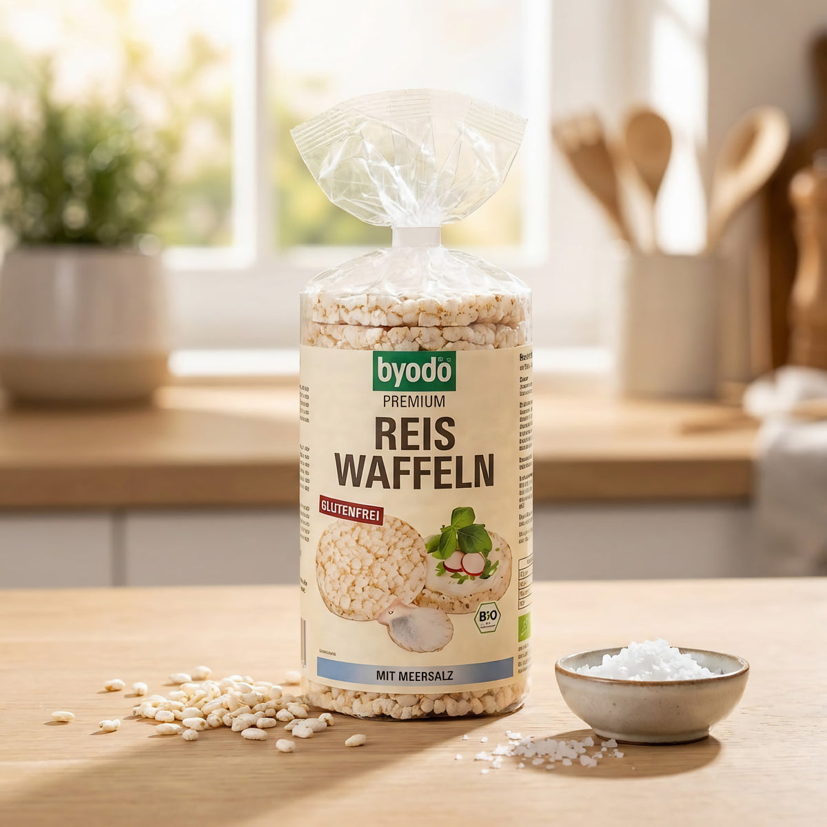 A highly detailed, studio-shot image of the 'BP Byodo Reiswaffel Meersalz (ab 100g)', showcasing the product in a modern kitchen setting. The scene is illuminated with softbox lighting to emphasize the crispy texture of the rice wafers, with a shallow dept