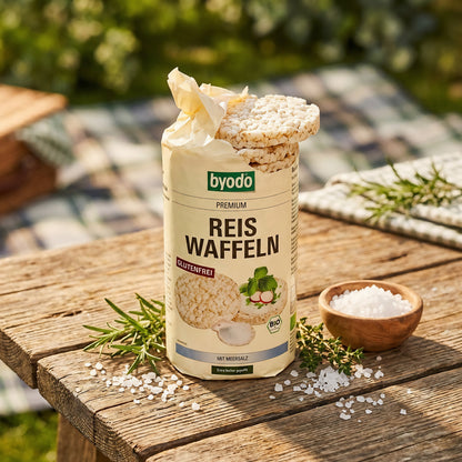 A vibrant, lifestyle shot of the Reiswaffel Meersalz product placed on a rustic wooden table, styled with fresh ingredients like sea salt crystals and sprigs of herbs. The shot uses HDR studio lighting from the side to cast delicate shadows, enhancing the 