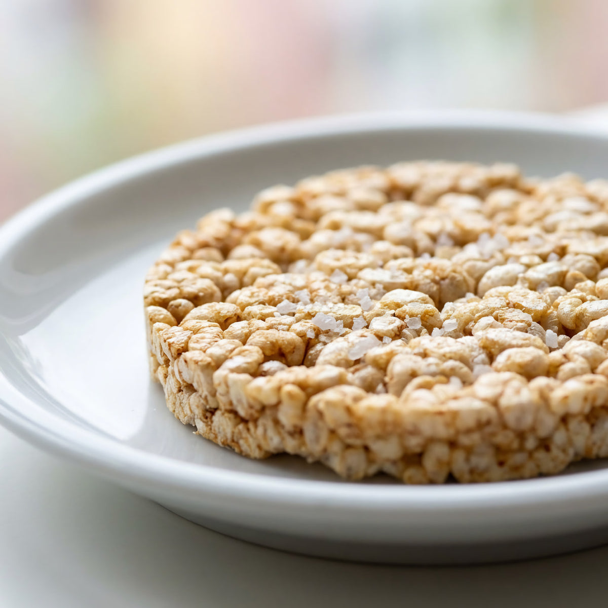 A close-up, macro photographic composition of the 'BP Byodo Reiswaffel Meersalz', highlighting the intricate puffed grain texture and speckled sea salt crystals on the surface. The scene is illuminated with diffused daylight to bring out the subtle golden-