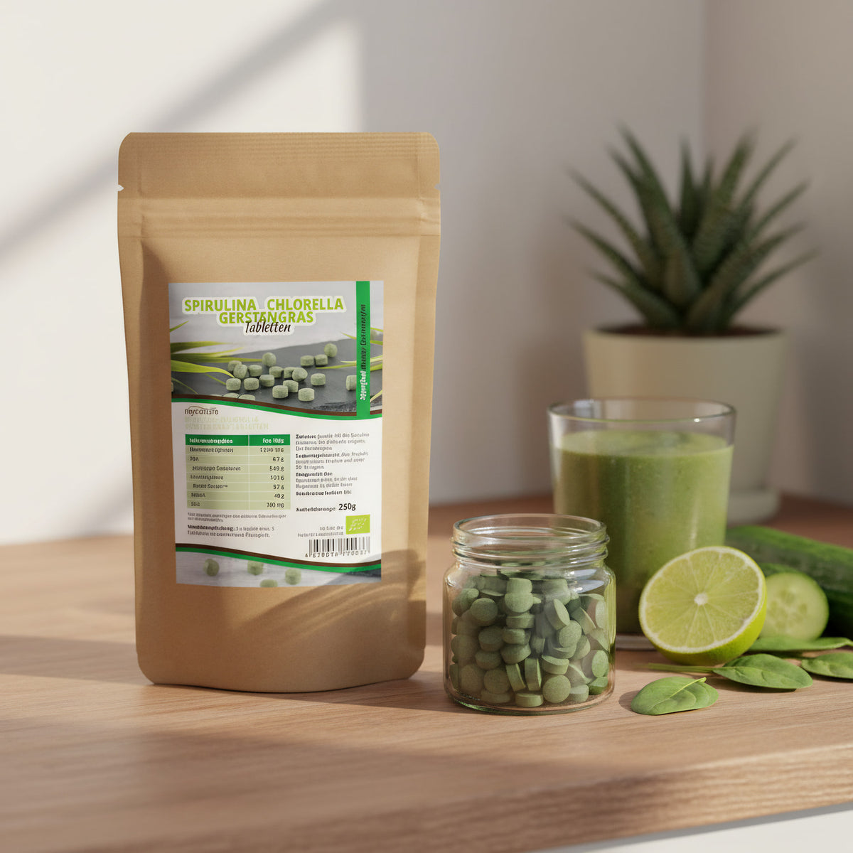 A vibrant lifestyle setting showcasing the 'Mynatura Bio Spirulina Chlorella Gerstengras Mix Tabletten' in a clear, eco-friendly glass jar placed on a rustic wooden kitchen countertop. Natural daylight filters through a nearby window, casting a warm, invit
