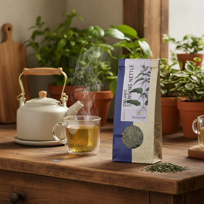 Design a lifestyle scene featuring the Sonnentor Bio Brennnessel Tee loose in a cozy kitchen environment. The scene should be lit with warm, HDR studio lighting to create inviting shadows and highlights, emphasizing the eco-friendly packaging on a rustic k