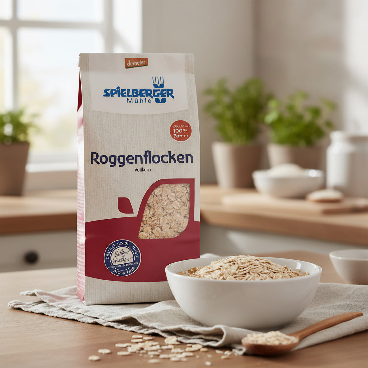 A vibrant lifestyle setting featuring a bowl of freshly poured Roggenflocken on a white ceramic plate, placed on a light linen cloth on a kitchen countertop with natural daylight streaming in from a nearby window. The scene is illuminated with diffused day