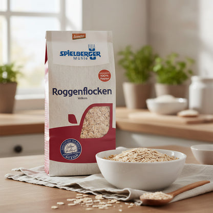 A vibrant lifestyle setting featuring a bowl of freshly poured Roggenflocken on a white ceramic plate, placed on a light linen cloth on a kitchen countertop with natural daylight streaming in from a nearby window. The scene is illuminated with diffused day